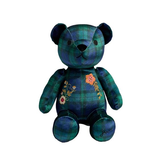 Johnny Was Mingo Plaid Embroidered Velvet Bear Stuffed Animals Blue Green NEW - Picture 1 of 5